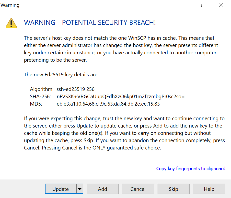 The message expected from WinSCP post-hostkey refresh.